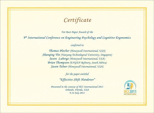 Certificate for best paper award of the 9th International Conference on Engineering Psychology and Cognitive Ergonomics. Details in text following the image