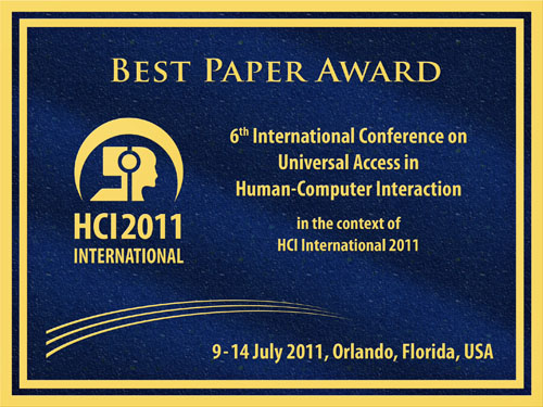 6th International Conference on Universal Access in Human-Computer Interaction Best Paper Award. Details in text following the image.