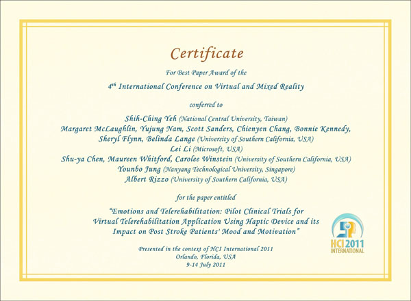 Certificate for best paper award of the 4th International Conference on Virtual and Mixed Reality. Details in text following the image