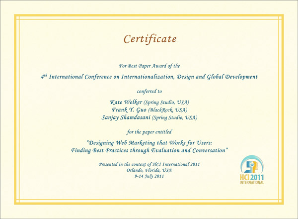 Certificate for best paper award of the 4th International Conference on Internationalization, Design and Global Development. Details in text following the image
