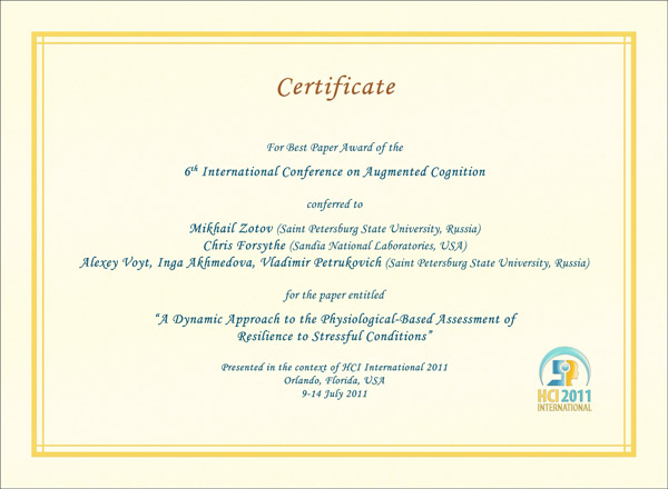 Certificate for best paper award of the 6th International Conference on Augmented Cognition. Details in text following the image
