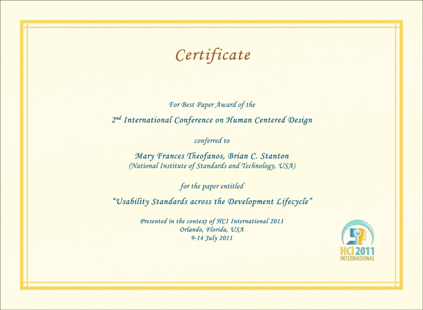 Certificate for best paper award of the 2nd International Conference on Human Centered Design. Details in text following the image