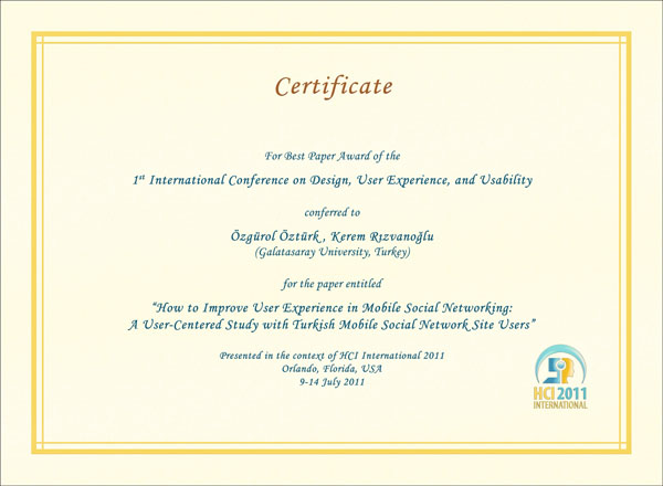 Certificate for best paper award of the 1st International Conference on Design, User Experience, and Usability. Details in text following the image