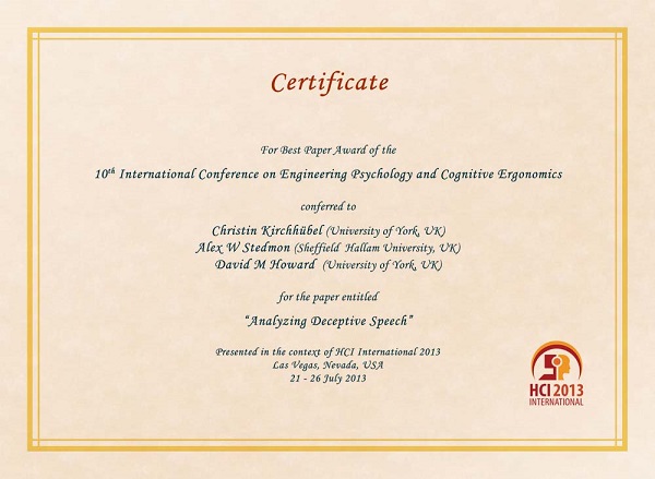 Certificate for best paper award of the 10th International Conference on Engineering Psychology and Cognitive Ergonomics. Details in text following the image