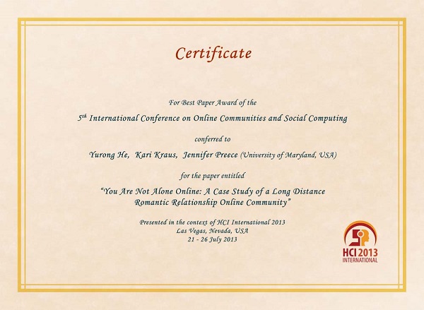 Certificate for best paper award of the 5th International Conference on Online Communities and Social Computing. Details in text following the image