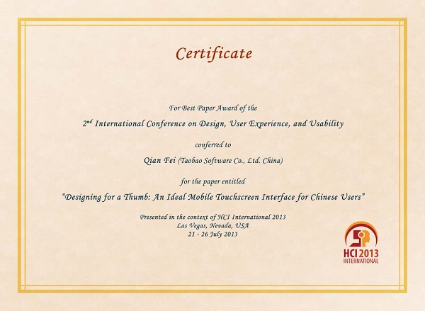 Certificate for best paper award of the 2nd International Conference on Design, User Experience and Usability. Details in text following the image